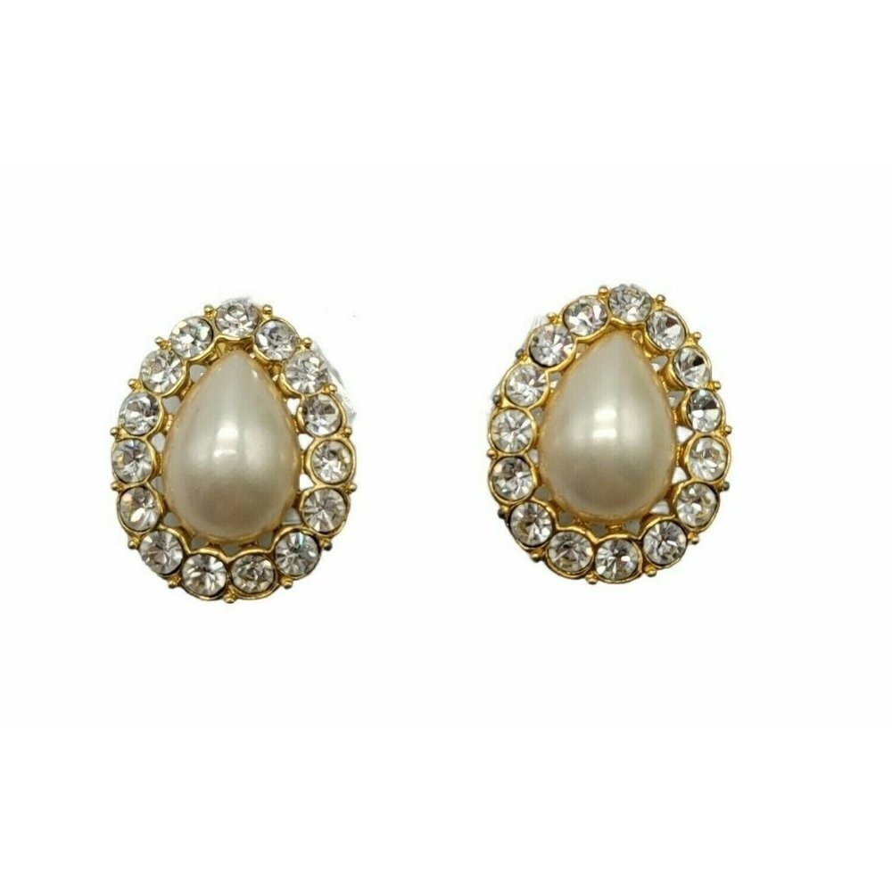 Trifari Faux Pearl Clear Rhinestone Teardrop Gold Tone Clip Earrings 1980s